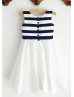 Ivory And Navy Blue Striped Taffeta Flower Girl Dress With Flower
